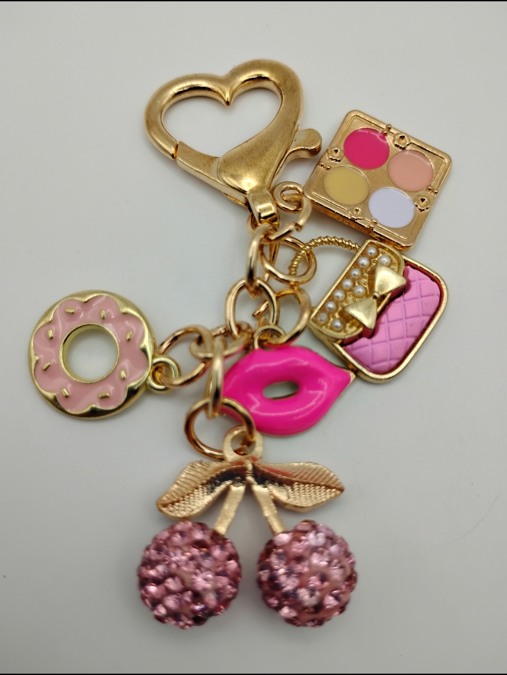 Gold-tone Pink Cherry & Charm Keychain with Lip and Donut Charms BNWOT - Picture 5 of 5